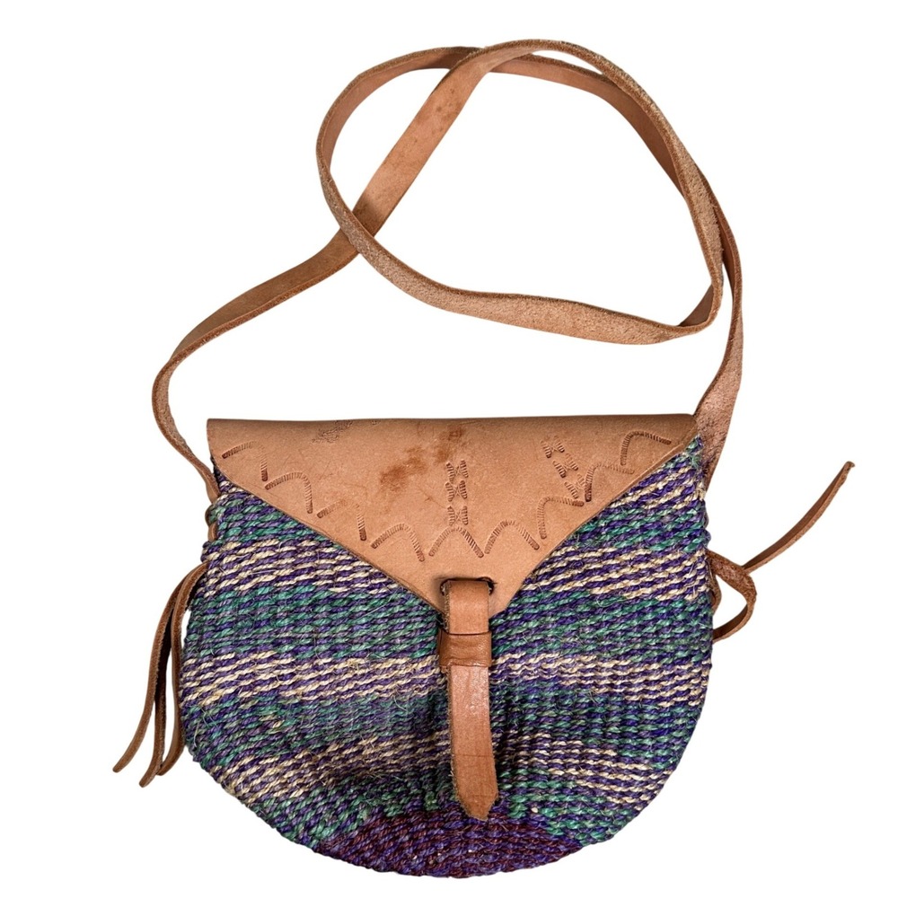 Vintage Handwoven Sisal Leather Flap Crossbody Bag Purple Green Boho Festival